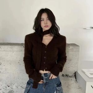 Chocolate brown cardigan sweater with scarf set